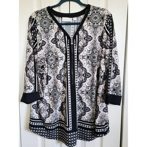 Belle Kim Gravel Tunic Top XL Black‎ White Paisley Print 3/4 Sleeve